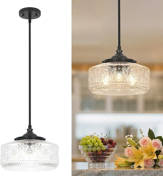 Modern 3 Lights Drum Pendant Light with Etched Glass Shade, Adjustable Height Black Pendant Lights Kitchen Island, Chandelier for Dining Room, Bedroom, Hallway, Bathroom, E12 Base, Bulbs Not Included