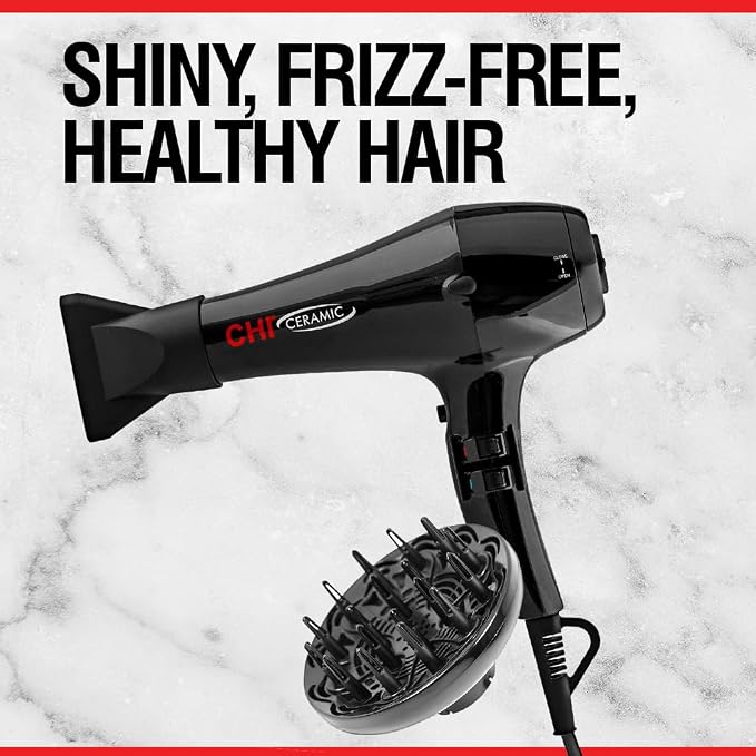 CHI Ceramic 1875 Watt Hair Dryer, Includes A Concentrated Nozzle, Quick-Drying, Reduces Frizz & Increases Shine, Jett Black