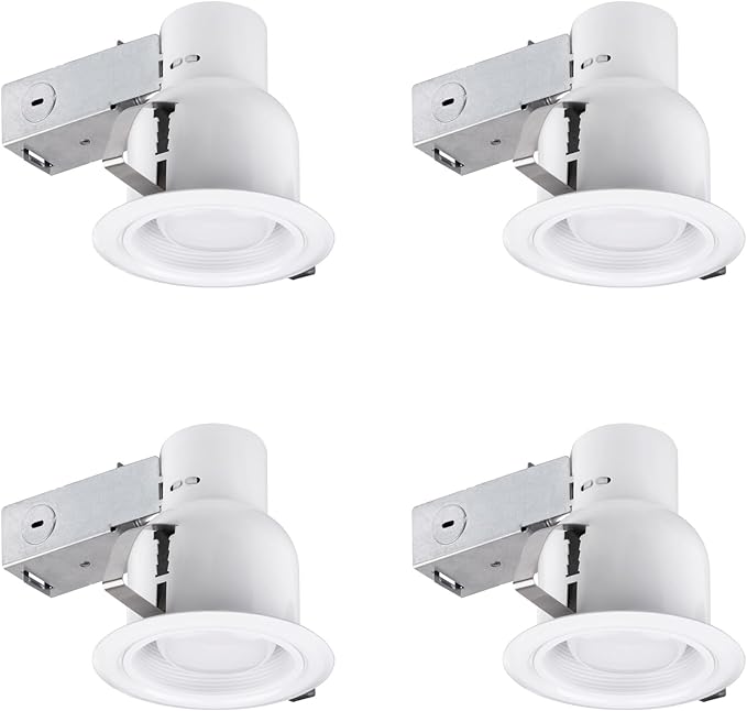 Globe Electric 90958 4" Rust Proof Indoor/Outdoor Ridged Baffle Round Trim Recessed Lighting Kit 4-Pack, White, Easy Install Push-N-Click Clips, 3.88" Hole Size, Porch Light, Bulb Not Included