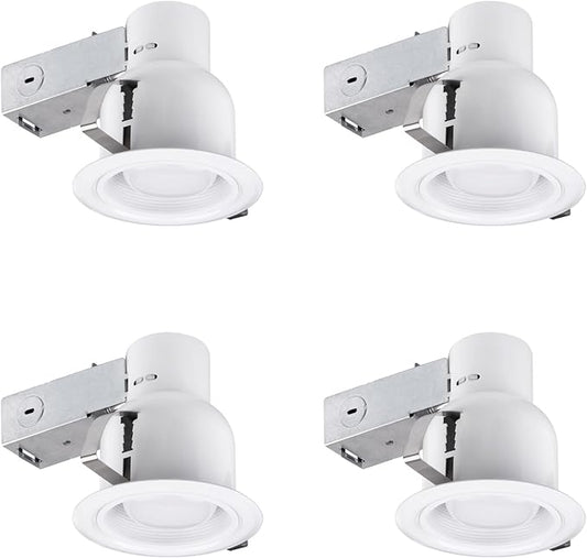 Globe Electric 90958 4" Rust Proof Indoor/Outdoor Ridged Baffle Round Trim Recessed Lighting Kit 4-Pack, White, Easy Install Push-N-Click Clips, 3.88" Hole Size, Porch Light, Bulb Not Included