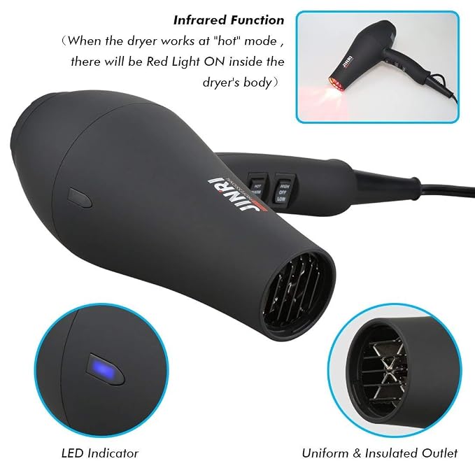 JINRI Ionic Hair Dryer with Diffuser & Comb and Concentrator, Lightweight Quiet Infrared Blow Dryer, Powerful 1875 Watt Motor for Smooth and Fast Drying Hair, Black