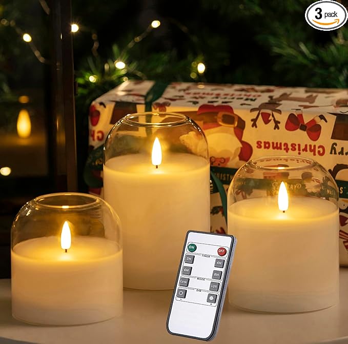 volnyus Clear Glass Flameless Candles with Remote Battery Operated Flickering LED Pillar Candles Real Wax Wick Φ 3"" H 4"" 5"" 6"", Gold