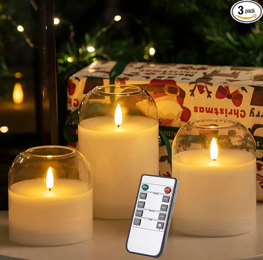 volnyus Clear Glass Flameless Candles with Remote Battery Operated Flickering LED Pillar Candles Real Wax Wick Φ 3"" H 4"" 5"" 6"", Gold