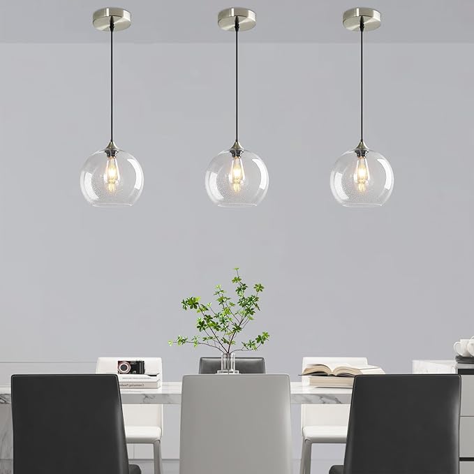 Modern 3-Pack Glass Globe Pendant Lights, Clear Modern Pendant Lighting for Kitchen Island, Clear Glass Hanging Lamps for Dining Room Living Room Bedroom, Large 9.85 Inch Fixture (Bulbs Not Included)