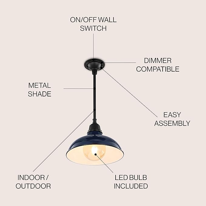 JONATHAN Y 12.25" Navy/Black 1-Light Farmhouse Indoor/Outdoor LED Pendant Iron Hanging Light, and Black Metal Shade, Rustic Ceiling Lamp for Kitchen Island, LED Bulb Included (JYL7611C)