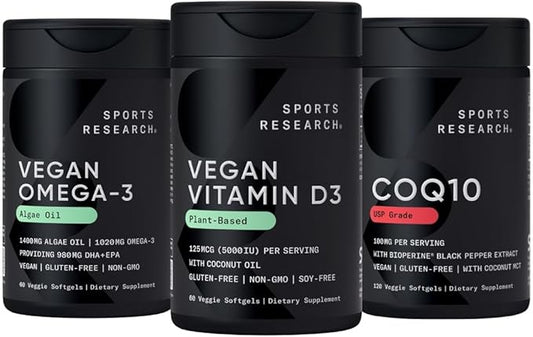 Pack de suppléments végétaliens Sports Research® - Vitamine D3 végétalienne 5000 UI + Alternative végétalienne à l'huile de poisson Omega-3 + CoQ10 (100mg) avec huile de coco et Bioperine
