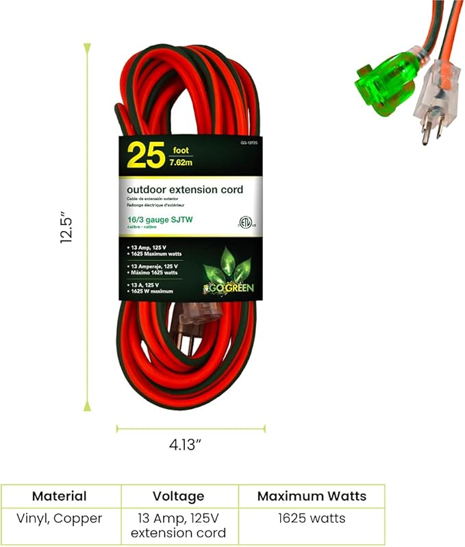 Go Green Power Inc. 16/3 25ft Outdoor Extension Cord with Lighted End - Contractor Grade,Durable,and Moisture Resistant - Ideal for Heavy Duty Tools - GG-13725,(Pack of 12)