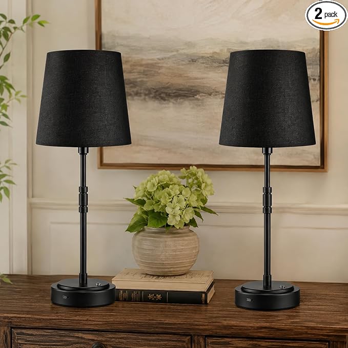 Cordless Table Lamps Set of 2 – Battery Operated Lamp with 7500mAh Rechargeable Battery, Stepless Dimmable Black Lamps with Black Shade, Wireless Lamps for Dining Room & Nightstand (Bulbs Included)