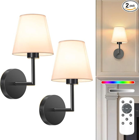 NIORSUN 13.8 inch Battery Operated Wall Sconce Set of 2,Black Rechargeable Wall Lights with 10400mAh Dimmable Detachable Bulbs and Remote,9 Colors Wireless Sconces for Bedroom Living Room Hallway