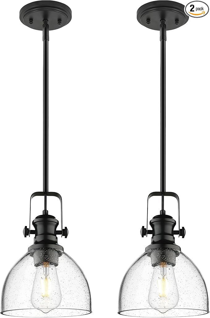2-Pack Pendant Lights Kitchen Island, 7.5" Black Pendant Lighting with Clear Seeded Glass Shade, Farmhouse Hanging Light Fixtures for Dining Room, AD-22151-1P2-BK-G