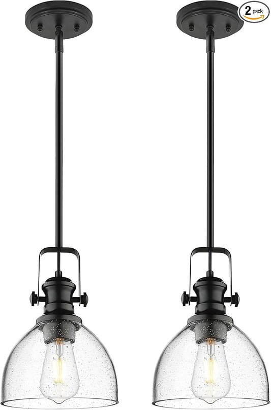 2-Pack Pendant Lights Kitchen Island, 7.5" Black Pendant Lighting with Clear Seeded Glass Shade, Farmhouse Hanging Light Fixtures for Dining Room, AD-22151-1P2-BK-G