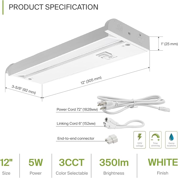 ASD Swivel LED Under Cabinet Lighting Plug in or Hardwired 12 Inch, Dimmable Under Cabinet Lights with High/Low/Off Switch, 3CCT 2700K-4000K, Linkable Under Counter Lights for Kitchen, White, ETL