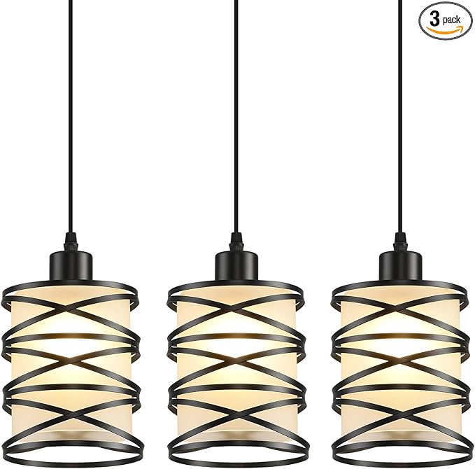 3 Pack Pendant Light Kitchen Island Pendant Lighting, Hanging Light with Spiral Cage Frosted Glass Shade, Black Modern Indoor Hanging Lamp