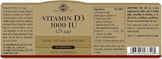 Solgar Vitamin D3 (Cholecalciferol) 25 mcg (1000 IU), 100 Softgels - Helps Maintain Healthy Bones & Teeth - Immune System Support - Non-GMO, Gluten-Free, Dairy Free - 100 Servings