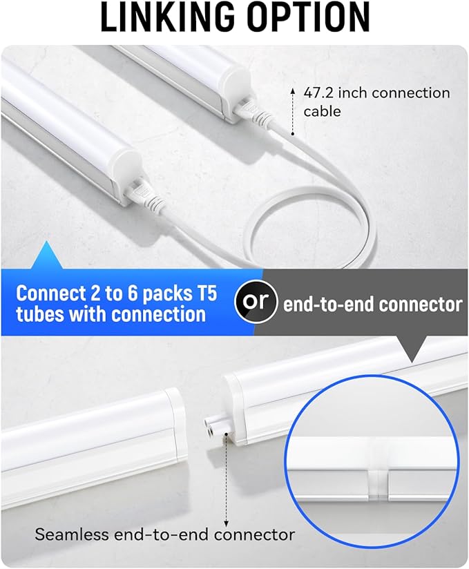 (6 Pack) 4FT T5 LED Integrated Fixture, 6500K,20W,2300LM(Super Bright White) Linkable LED Shop Light,Garage Ceiling and Cabinet Light,Strip Light,Corded Electric with ON/Off Switch