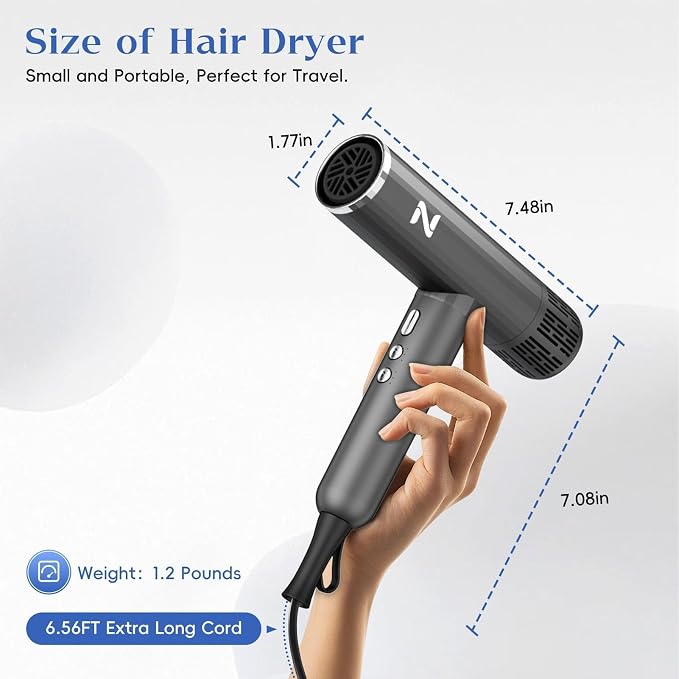 Natrial Ionic Professional Hair Dryer with Diffuser for Curly Hair,1600W&110000RPM High Speed Blow Dryer for Women,Fast Drying,Lock Function,Low Noise,Lightweight for Home Travel Salon,Grey