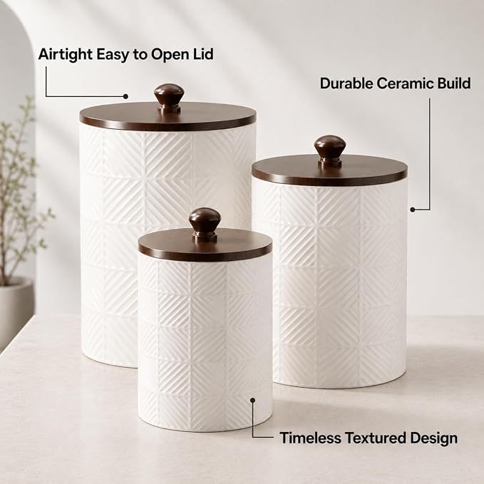 Ceramic Canisters Sets for the Kitchen - Kitchen Canisters for Countertop with Airtight Bamboo Lids - Ceramic Canister Set of 3 for Flour, Sugar, Tea or Spice - Airtight Coffee Canister