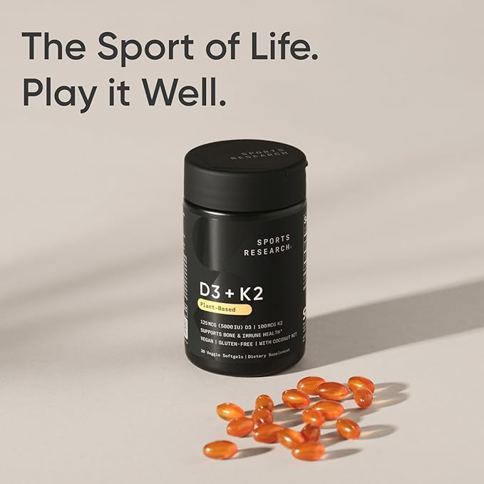 Sports Research® Vitamine D3 + K2 avec huile de noix de coco - Vitamine D végétalienne 5000 UI (125 mcg) et vitamine K MK7 100 mcg pour le soutien osseux et immunitaire - Certifié végétalien · Sans OGM · Sans soja - 30 gélules molles