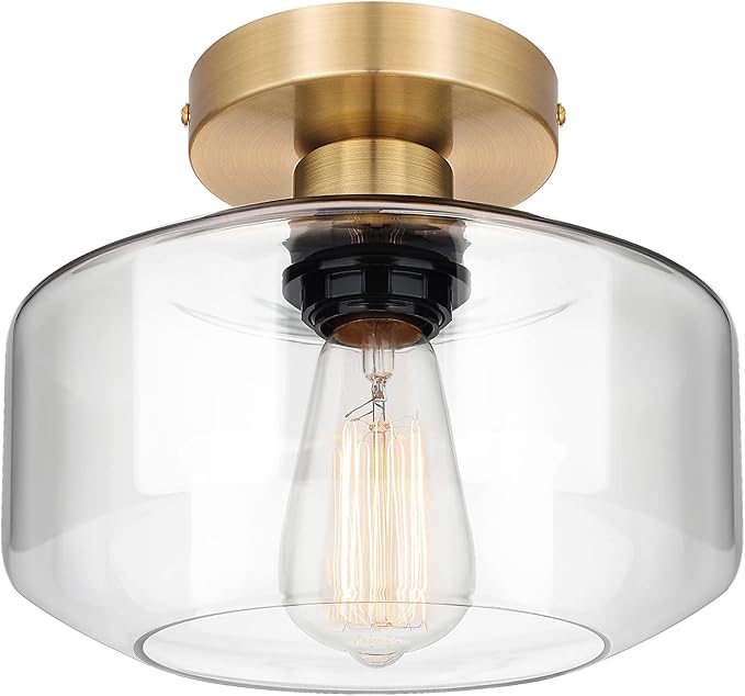 MAXvolador Industrial Semi Flush Mount Ceiling Light Gold, Clear Glass Pendant Lamp Shade, Farmhouse Lighting Hallway, Vintage Hanging Light Fixture
