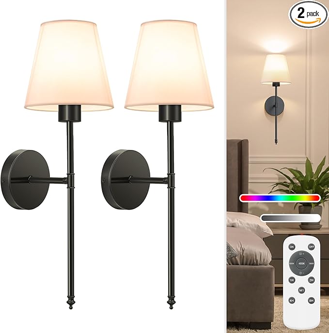 NIORSUN 19.9 inch Battery Operated Wall Sconce Set of 2,Black Rechargeable Wall Lights with 10400mAh Dimmable Detachable Bulbs and Remote,10 Colors Wireless Sconces for Bedroom Living Room Hallway
