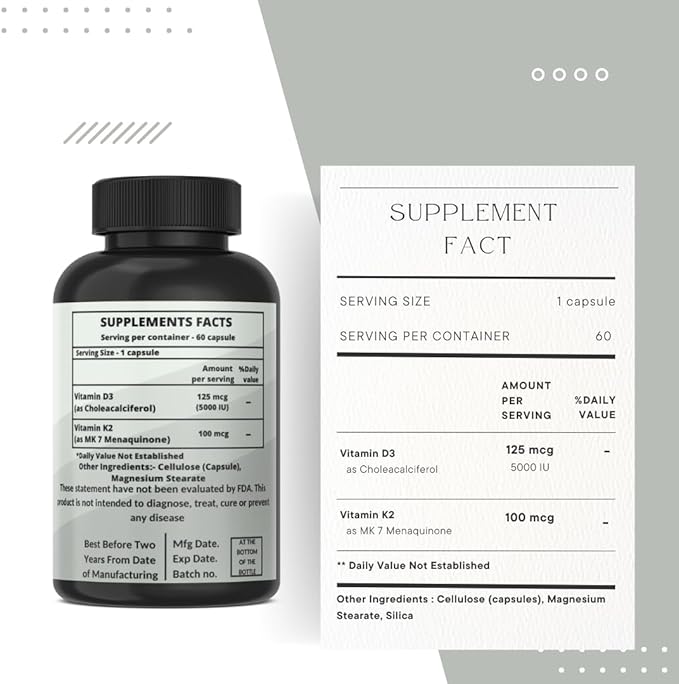 Vitamine K2 (MK7) et D3 Extra Fort Formule Sans OGM 5000 UI (125 mcg) Vitamine D3 et 90 mcg Vitamine K2 MK-7 Complexe Vitamine D & K Facile à Avaler (120 Gélules)