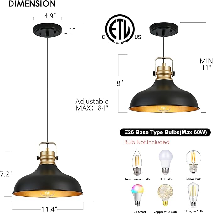 Black and Gold Farmhouse Pendant Lights Matte Pendant Lighting for Kitchen Island Industrial Adjustable Height Vintage Dome Hanging Light Fixtures for Barn, Dining Room 3 Packs