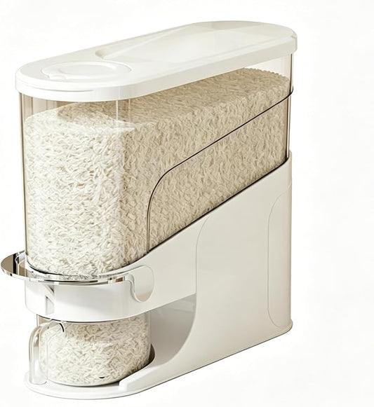 Rice Dispenser 11 Lb, Slim Rice Storage Container with Double Sealing Strip, Press to Dispense Cereal Container Airtight for Kitchen Pantry Organization, (Ivory White-11lb)