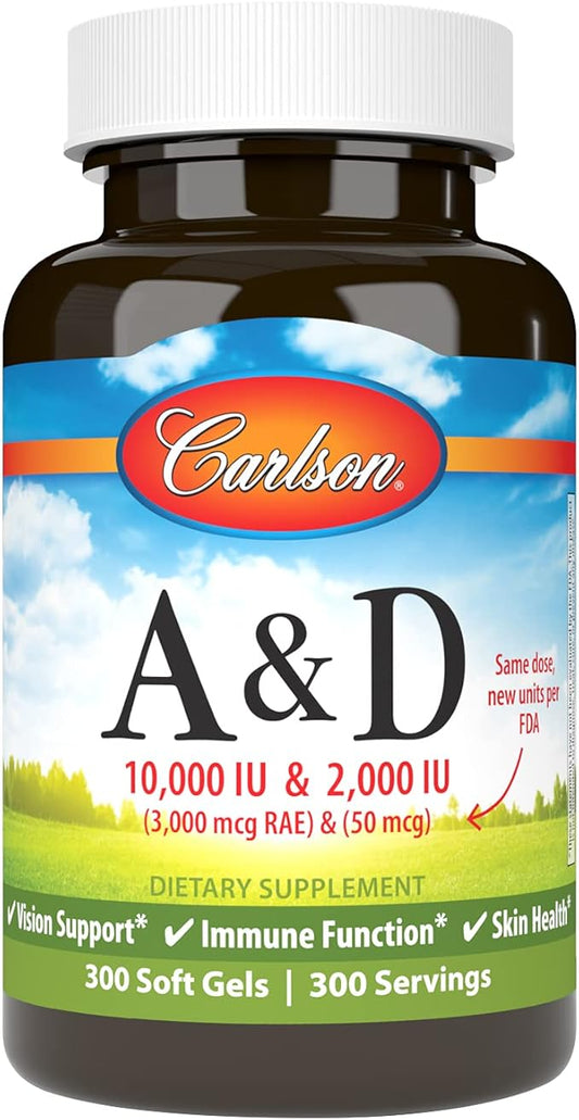 Carlson - A & D, 10000 UI (3000 mcg EAR) Vitamine A, 2000 UI (50 mcg) Vitamine D, Soutien de la vision, Santé de la peau, 300 gélules
