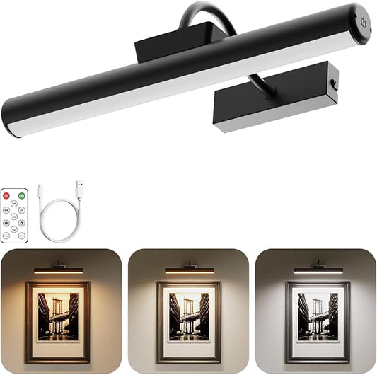 13" Aluminum Wireless Picture Lights for Wall, 5000mAh Rechargeable Battery Operated Wall Art Lighting, Dimmable 3-Color Gallery Painting Light for Pictures On Wall, with Remote/Timer [Black, 1Pack]