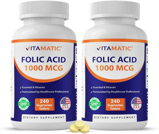 Vitamatic Folic Acid 1000 mcg (1 mg) – 240 Vegetarian Tablets (Pack of 2) 1667 mcg DFE – Vitamin B9 for Prenatal, Heart & Cellular Health