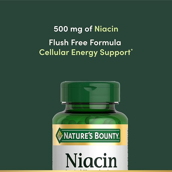 Nature's Bounty Niacine 500 mg sans rougeurs, soutien de l'énergie cellulaire, soutient la santé du système nerveux, 120 gélules (lot de 3)