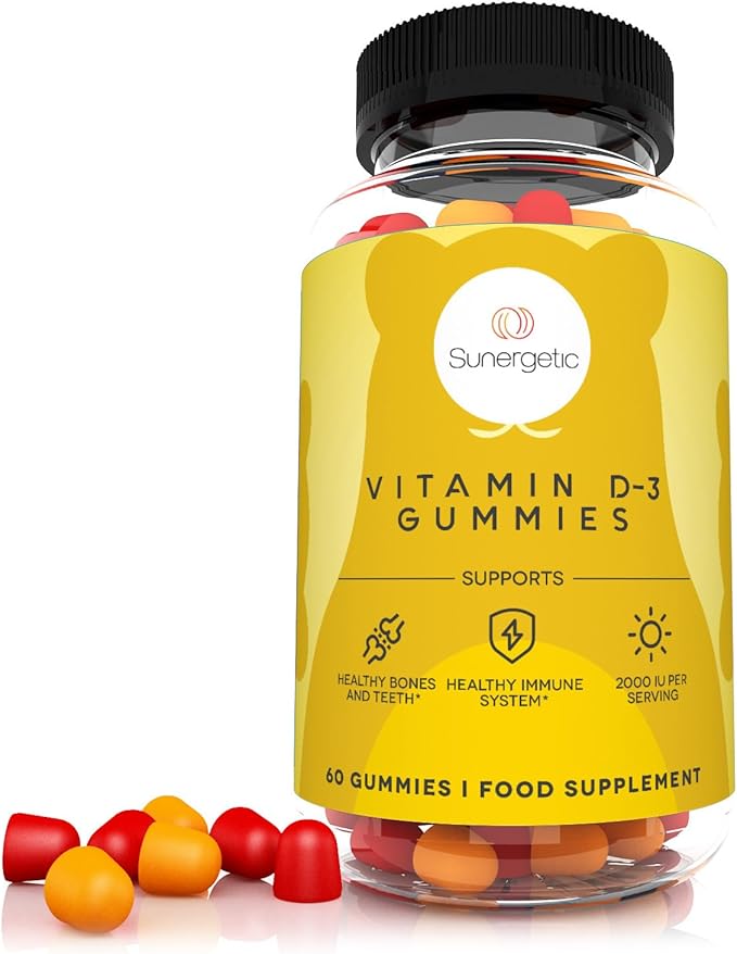Sunergetic プレミアムビタミンD3グミ – 健康な骨、気分、免疫システムをサポートする強力なビタミンDグミ – 1食あたりビタミンD3 2000 IU – D3グミ60粒