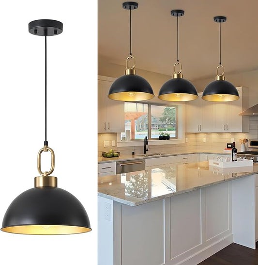 Vintage Pendant Light Fixture, Matte Black Pendant Lights Kitchen Island 12.2In Farmhouse Industrial Adjustable Height Chandeliers for Dining Living Room Hallway 1 Pack