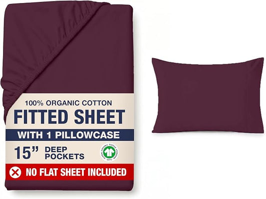 LANE LINEN 100% Organic Cotton Twin Fitted Sheet, 2-Piece Set (1 Fitted Sheet, 1 Pillowcase), Percale Weave, Lightweight, Soft, Breathable, Fits Mattress Upto 15' Deep - Windsor Wine (No Flat Sheet)