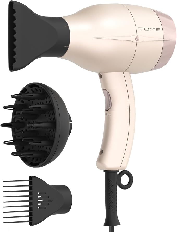 TOME Hair Dryer with Diffuser, 1875W Ionic Blow Dryer with Comb Attachment and Concentrator for Home Use, Fast Drying with Cool Shot and 2 Heat & 2 Speed Settings, 125V, Pink