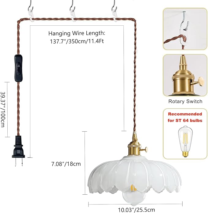 XZHGCEE Plug in Pendant Light: Milk Glass Hanging Light Plug in Hanging Lamp, White Pendant Lighting for Kitchen Island, Bedroom, Dining Room, Living Room, E26 No Bulb