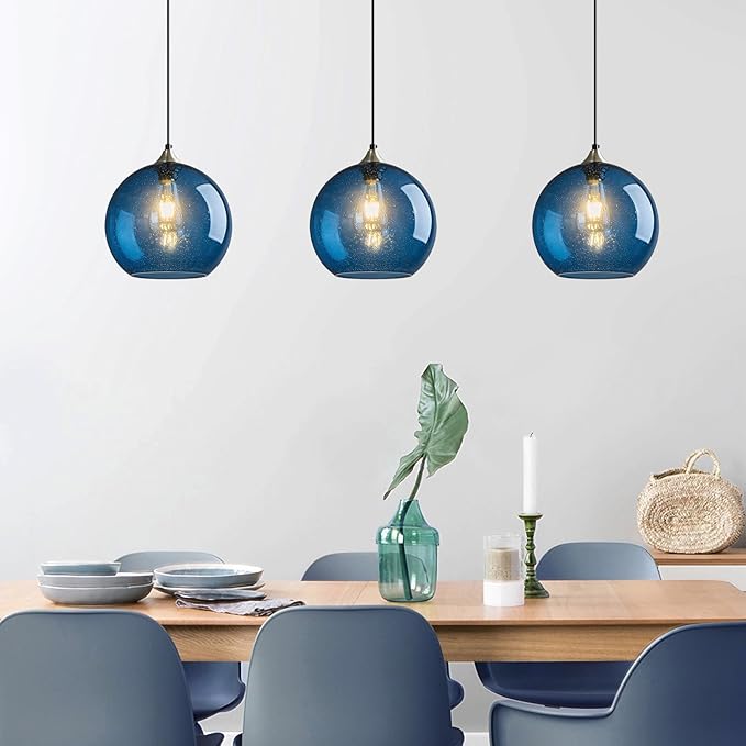 Modern 3-Pack Glass Globe Pendant Lights, Blue Modern Pendant Lighting for Kitchen Island, Clear Glass Hanging Lamps for Dining Room Living Room Bedroom, Medium 7.87 Inch Fixture (Bulbs Not Included)