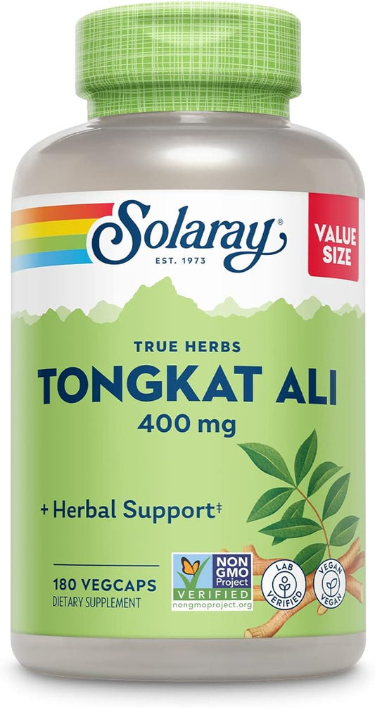 SOLARAY Tongkat Ali 400 mg - Longjack Tongkat Ali pour hommes - Soutien à base de plantes pour la santé et la vitalité masculines - Végétalien, sans OGM, vérifié en laboratoire - 180 portions, 180 gélules végétales