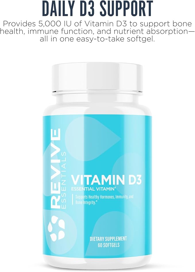 Revive MD Vitamin D3 Supplement 5000 IU – High Potency Cholecalciferol for Immune Support, Calcium Absorption, Bone & Muscle Health – Non-GMO Dietary Supplement, No Fillers (60 Softgels, 60 Servings)
