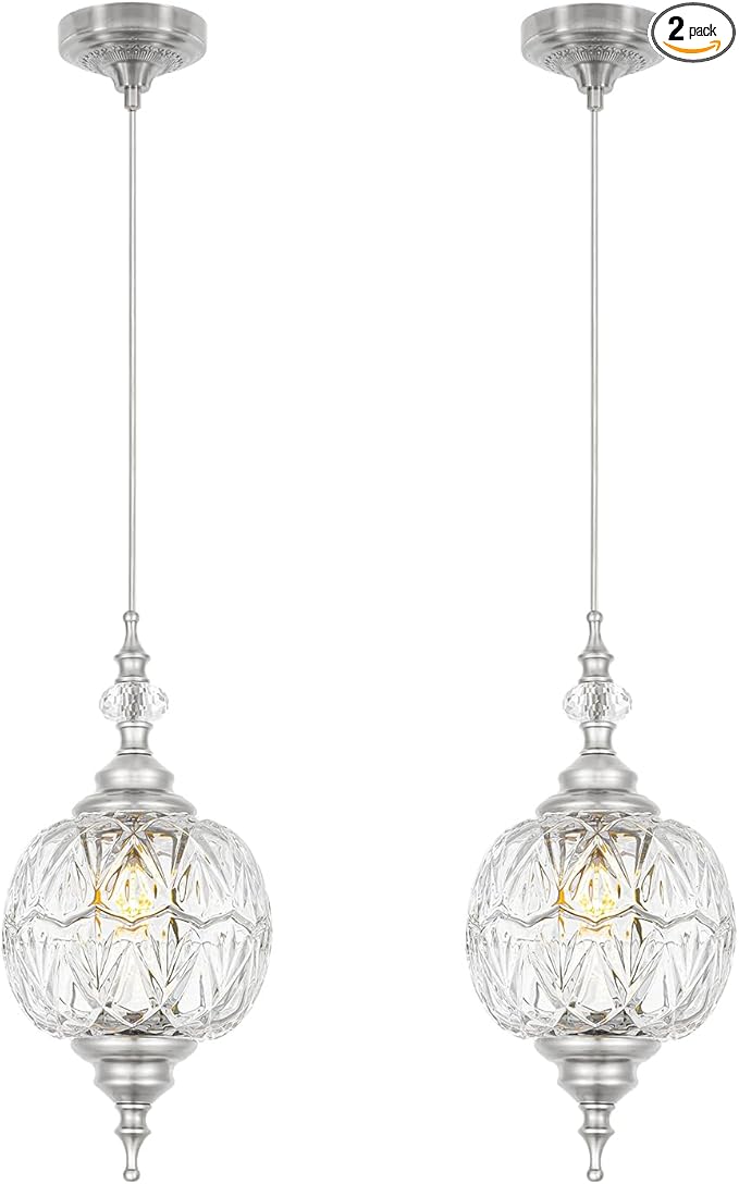 Brushed Nickel Pendant Lights Kitchen Island 2 Pack, Vintage Bathroom Pendant Light with Detachable Glass Shade, Adjustable Hanging Light for Kitchen Island Lighting, Farmhouse, G9 Base