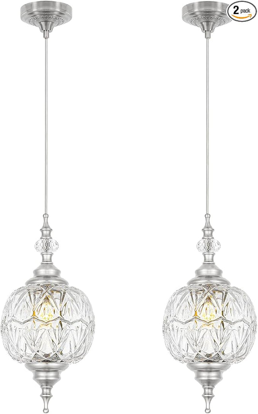 Brushed Nickel Pendant Lights Kitchen Island 2 Pack, Vintage Bathroom Pendant Light with Detachable Glass Shade, Adjustable Hanging Light for Kitchen Island Lighting, Farmhouse, G9 Base