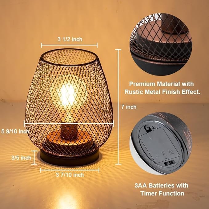 Set of 6 Battery Operated Lamp LED Table Lantern, Brown Metal Cage Cordless Lamps with LED Bulb，Vintage Decorative Outdoor Lantern for Weddings, Parties, Patio, Events for Indoors Shelf Decor