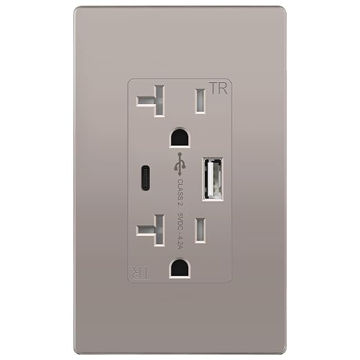 TOPGREENER 2-Port USB Outlet, 4.2A Type A & Type C USB Wall Outlet, 20 Amp TR Receptacle Plug, Charging Power Outlet with USB Ports, Wall Plate Included, UL Listed, TU22036AC-NKWSI, Nickel