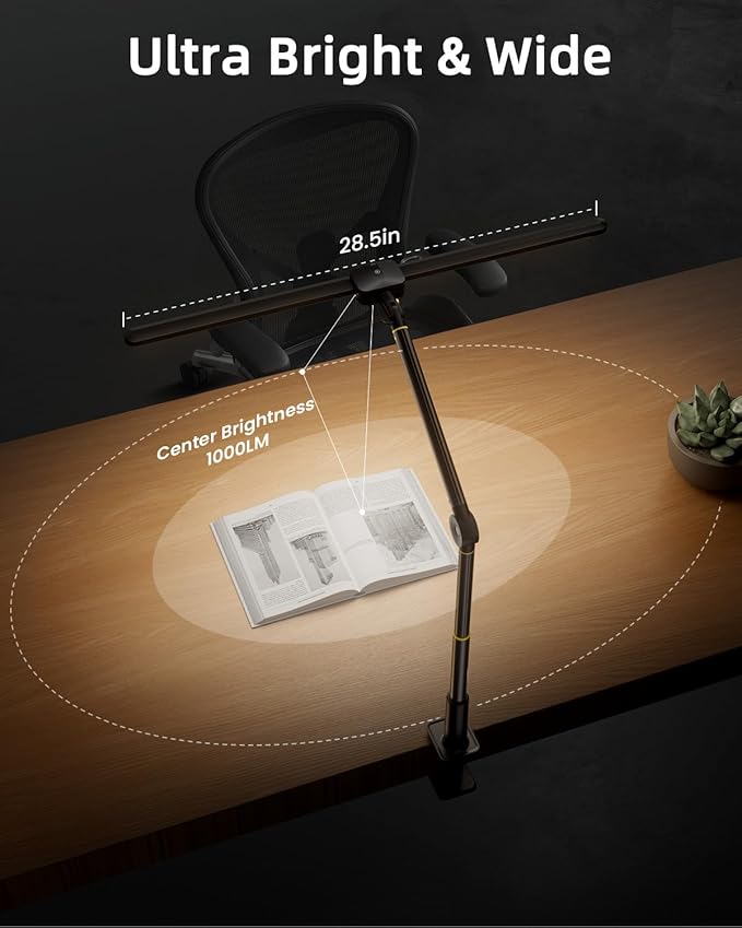 LED Desk Lamp for Home Office, Sensor Switch, 270° Rotatable & Extendable Aluminum Alloy Arm Desk Light, 24W Dimmable Lamp, 3 Color Modes Eye-Caring Dual Monitor Reading Study Task Lamp