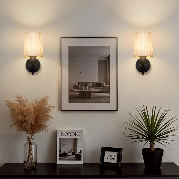 Battery Operated Wall Sconce Set of 2, Rechargeable Wall Sconces with 10000mAh Dimming Magnetic Bulb, Wireless Battery Powered Wall Lights with Pleated for Bedroom Living Room Gallery Hallway,Black