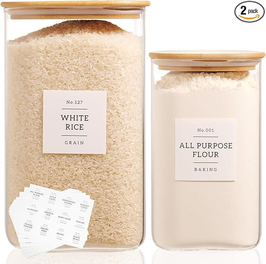 2 Pack large Square Glass Flour and Sugar Containers with 132 Kitchen Pantry Labels - 149 floz & 71 floz - Glass Jars with Airtight Bamboo Lid - Glass Rice Canisters for Coffee, Pasta, Cookie, Cereal