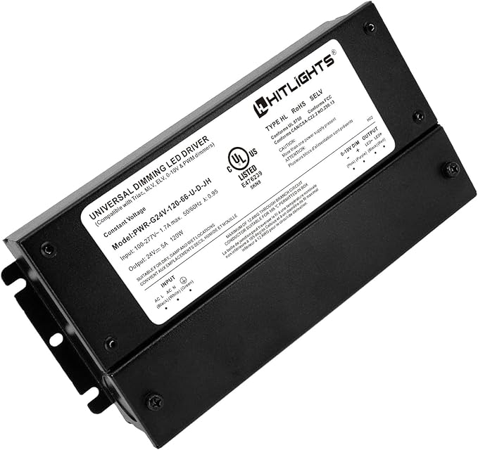 HitLights 120W Dimmable LED Driver, Electronic Transformer, 120V AC to 24V DC Power Supply for LED Strip Light, IP66 Rated, Dimming with TRIAC, 0-10V, 1-10V, Potentiometer, 10V PWM, UL Listed, Class 2