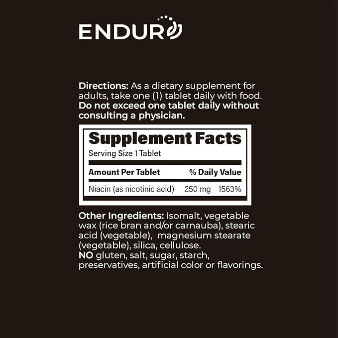 Endur Niacine (Acide nicotinique) Naturelle, Complément pour la santé cardiaque et l'équilibre du cholestérol, Formule à libération immédiate, Sans gluten, 250 mg (100 comprimés)