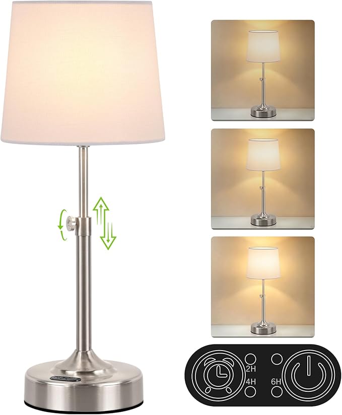 Height Adjustable Cordless Table Lamp with 2H/4H/6H Timer, Rechargeable Battery Operated Lamp Dimmable, Portable Battery Lamp for Camping Restaurant, Brushed Nickel LED Wireless Lamps, Bulb Included