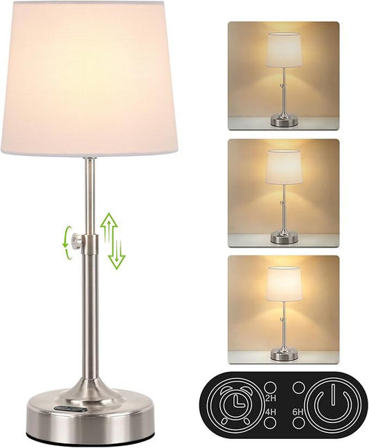 Height Adjustable Cordless Table Lamp with 2H/4H/6H Timer, Rechargeable Battery Operated Lamp Dimmable, Portable Battery Lamp for Camping Restaurant, Brushed Nickel LED Wireless Lamps, Bulb Included